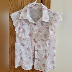 SHEIN White and Pink Floral Button Down Shirt